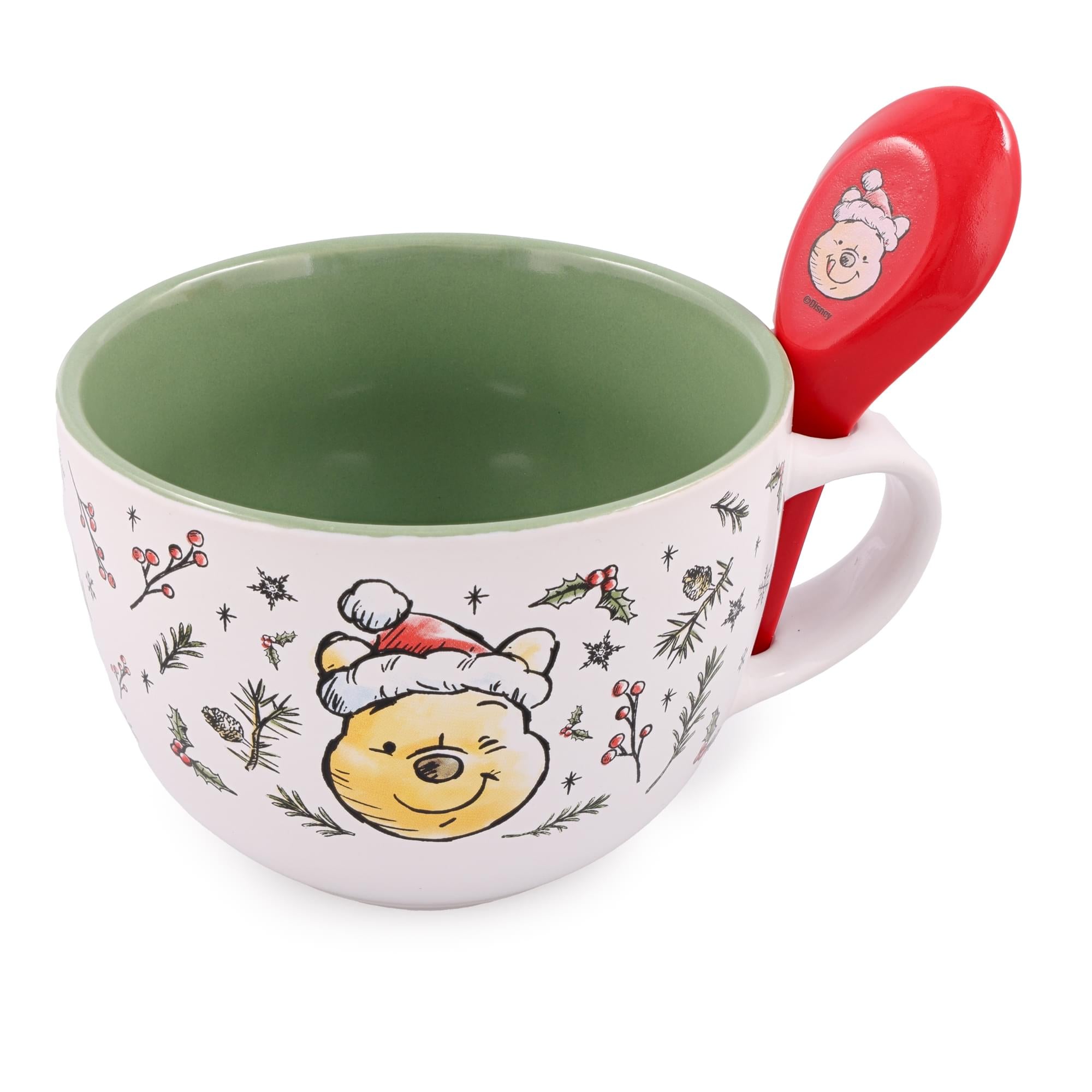 Festive Disney Winnie the Pooh Ceramic Soup Mug with Spoon - 24 Ounce Holiday Delight