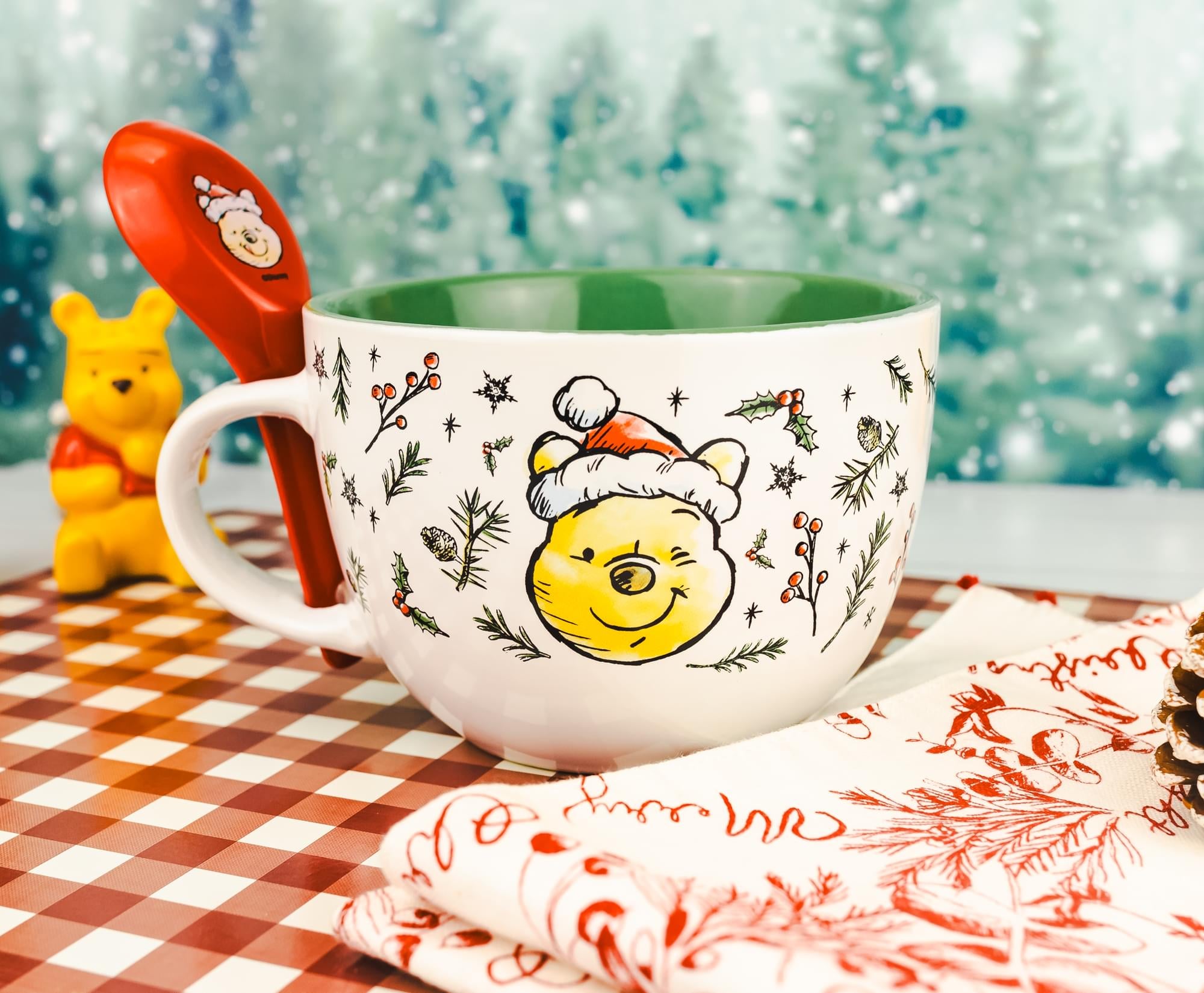 Festive Disney Winnie the Pooh Ceramic Soup Mug with Spoon - 24 Ounce Holiday Delight