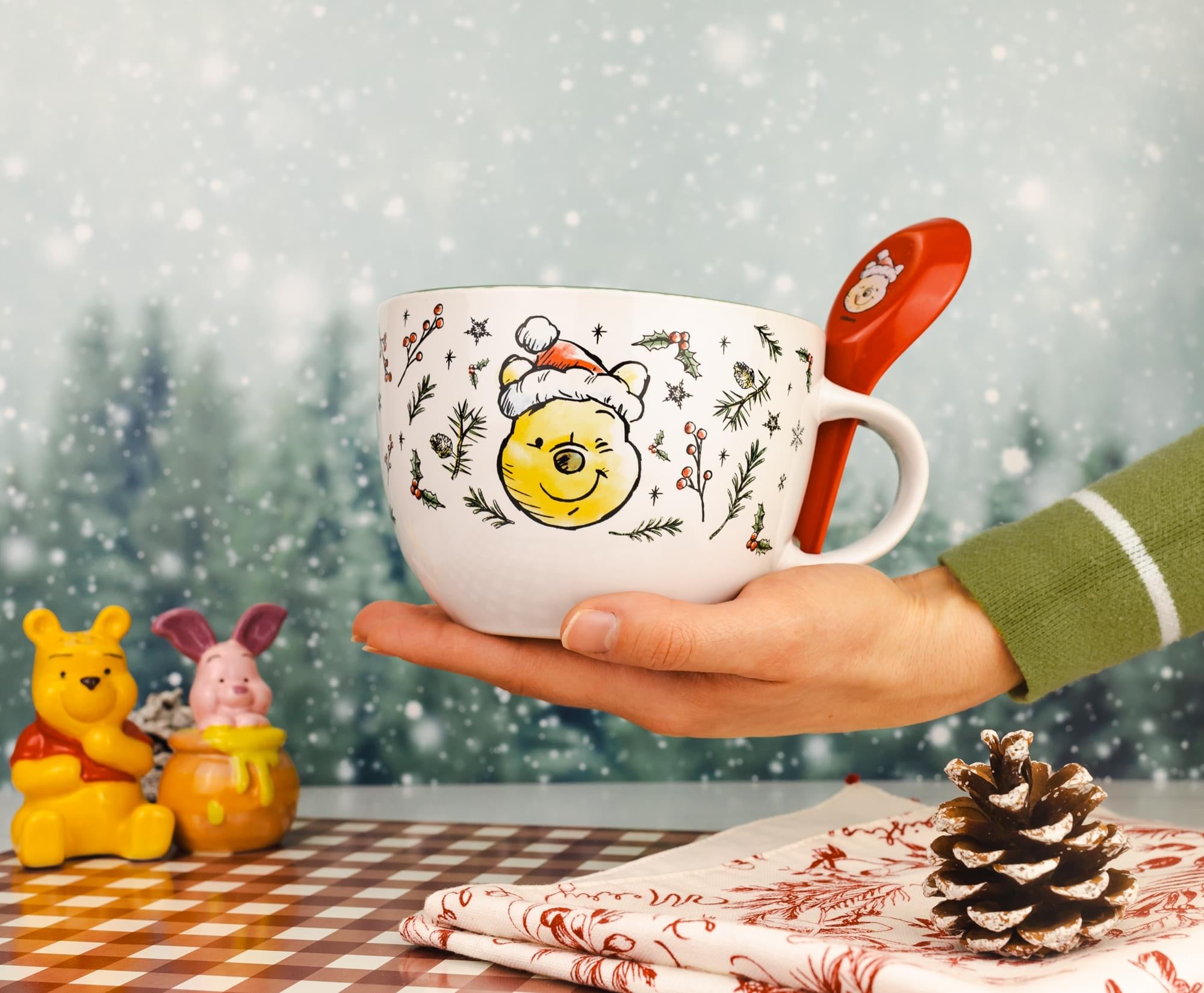 Festive Disney Winnie the Pooh Ceramic Soup Mug with Spoon - 24 Ounce Holiday Delight