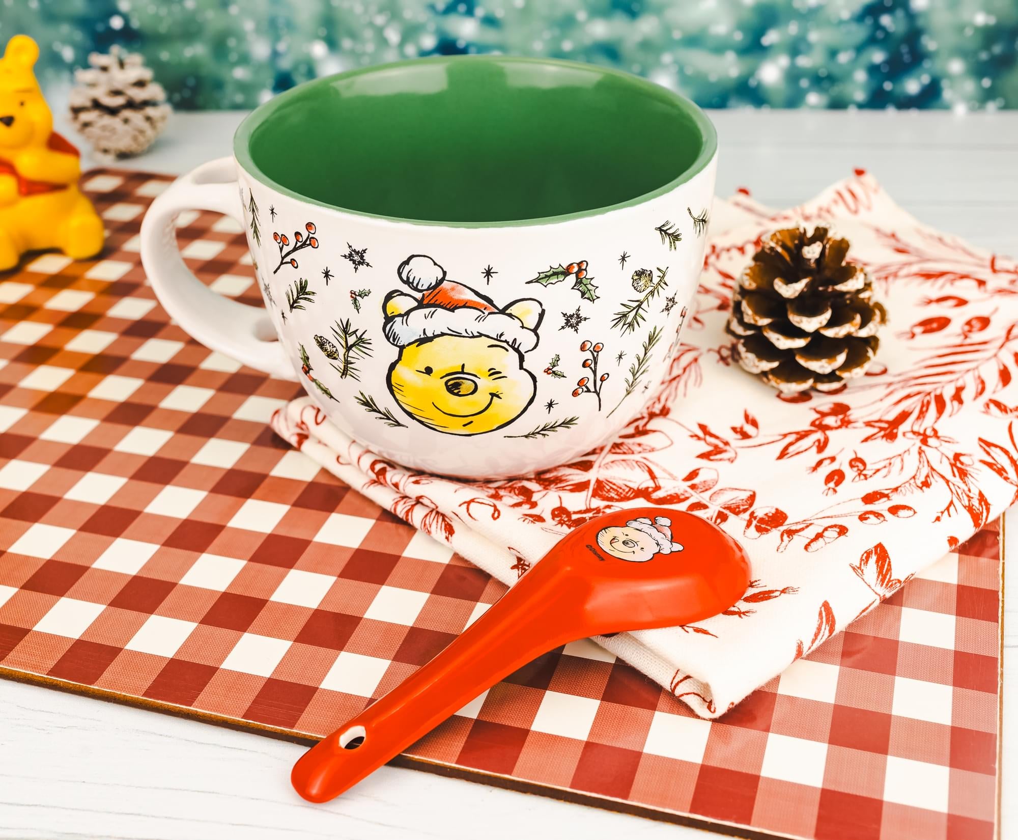 Festive Disney Winnie the Pooh Ceramic Soup Mug with Spoon - 24 Ounce Holiday Delight