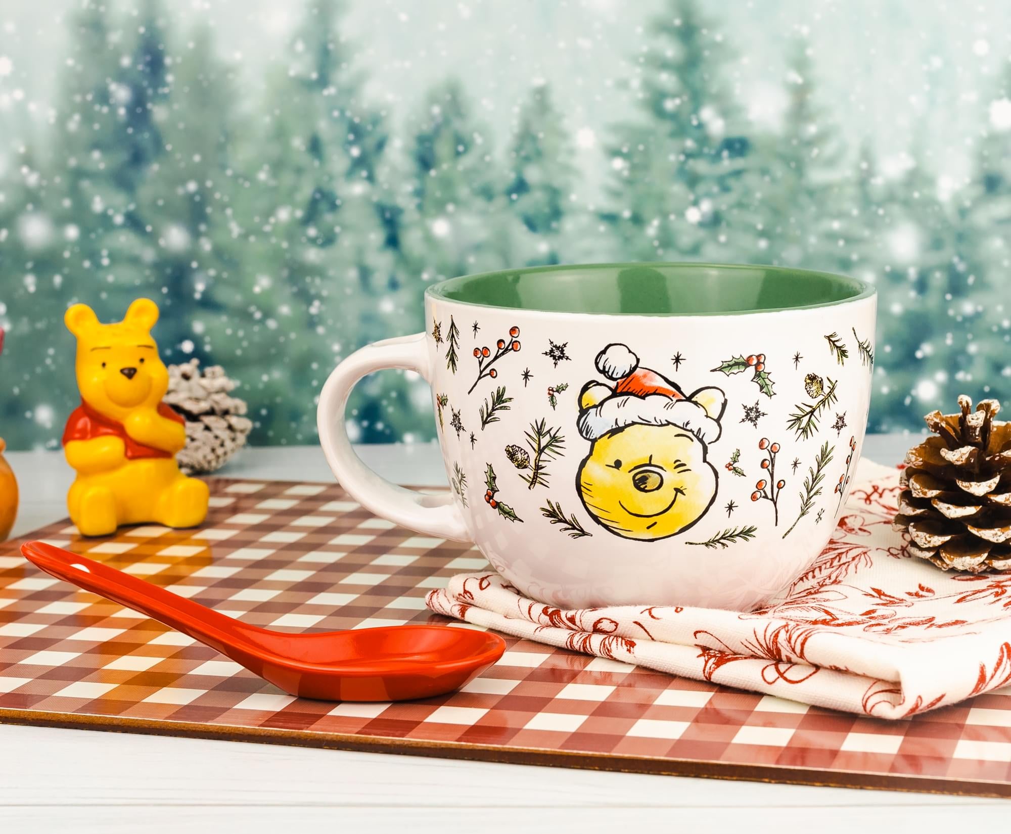 Festive Disney Winnie the Pooh Ceramic Soup Mug with Spoon - 24 Ounce Holiday Delight