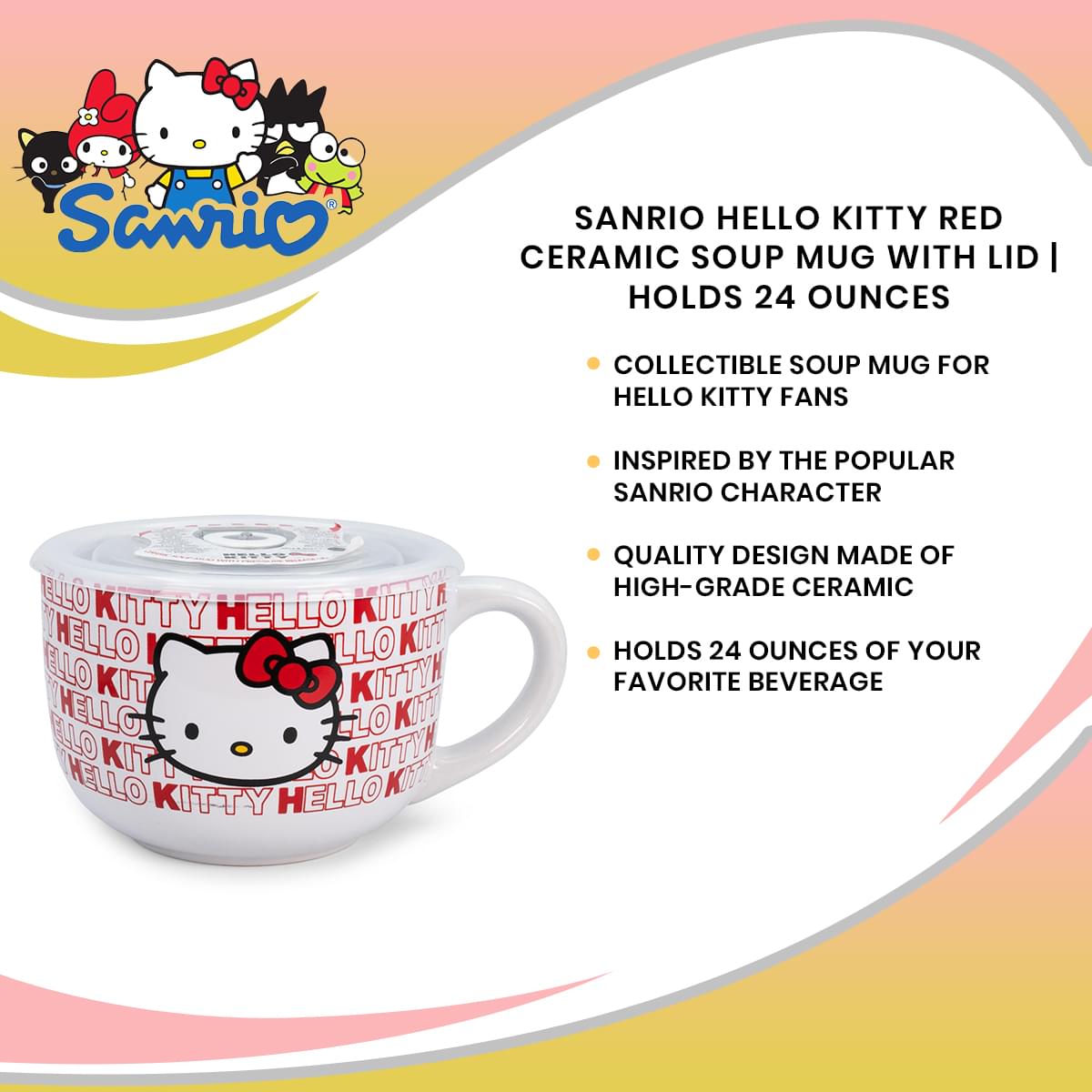 Sanrio Hello Kitty Red Ceramic 24-Ounce Soup Mug with Lid